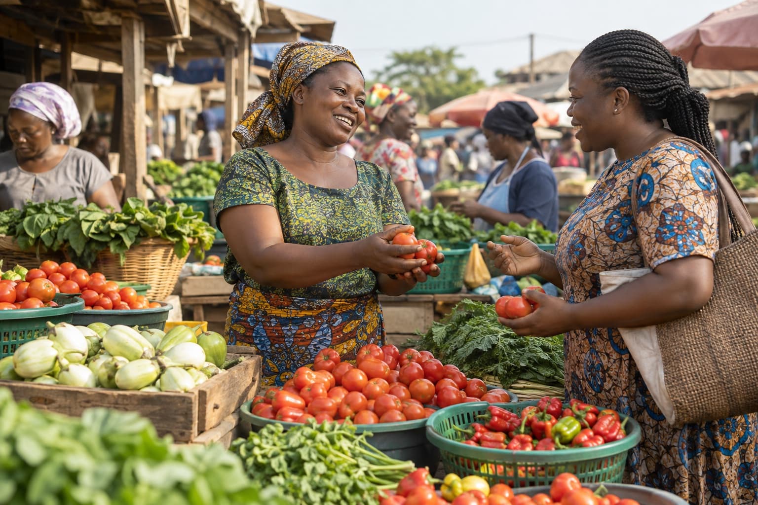 A Ghanaian farmer and buyer discussing fresh produce at an open-air market