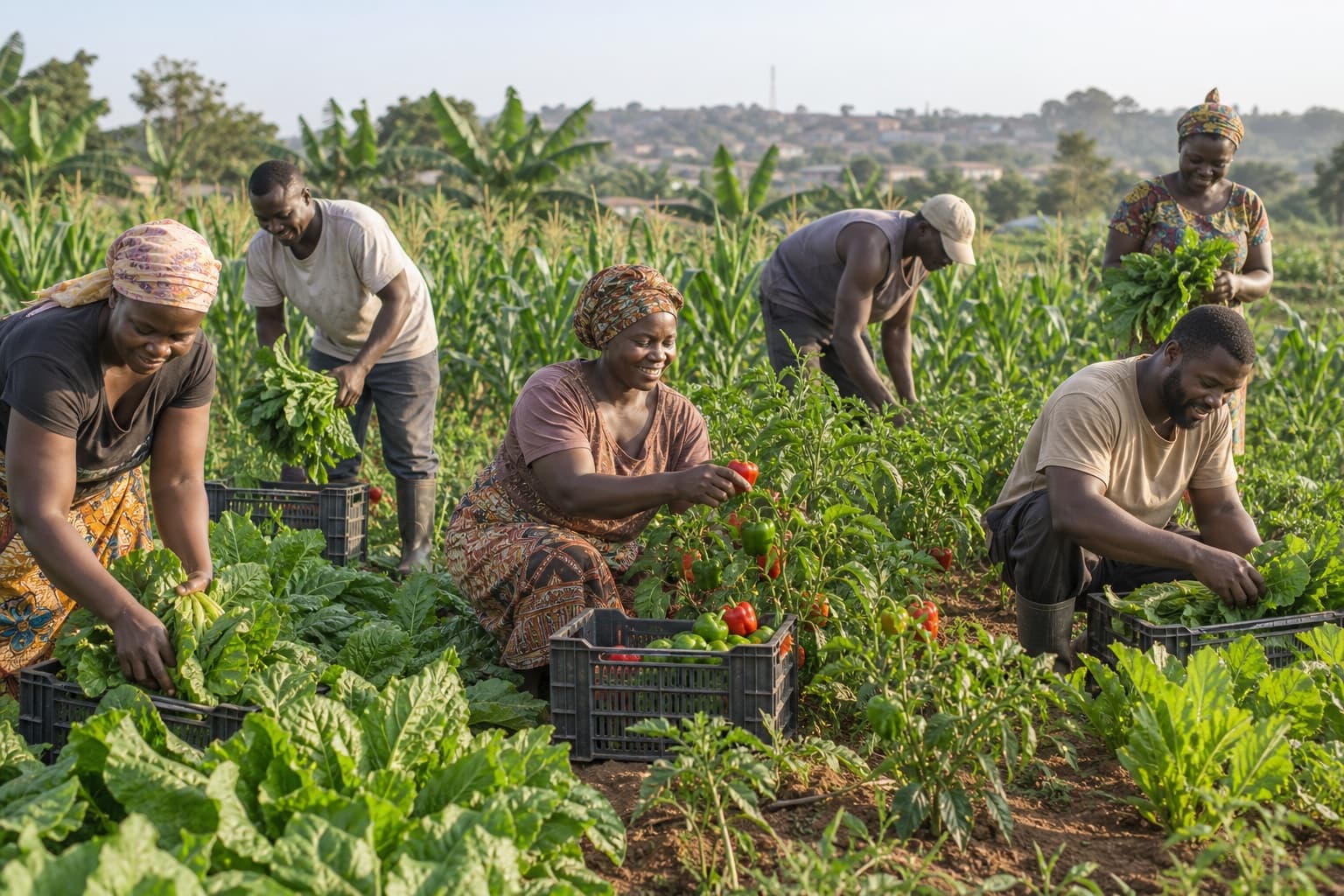 Oboafo co-operative farmers gathering a shared vegetable harvest